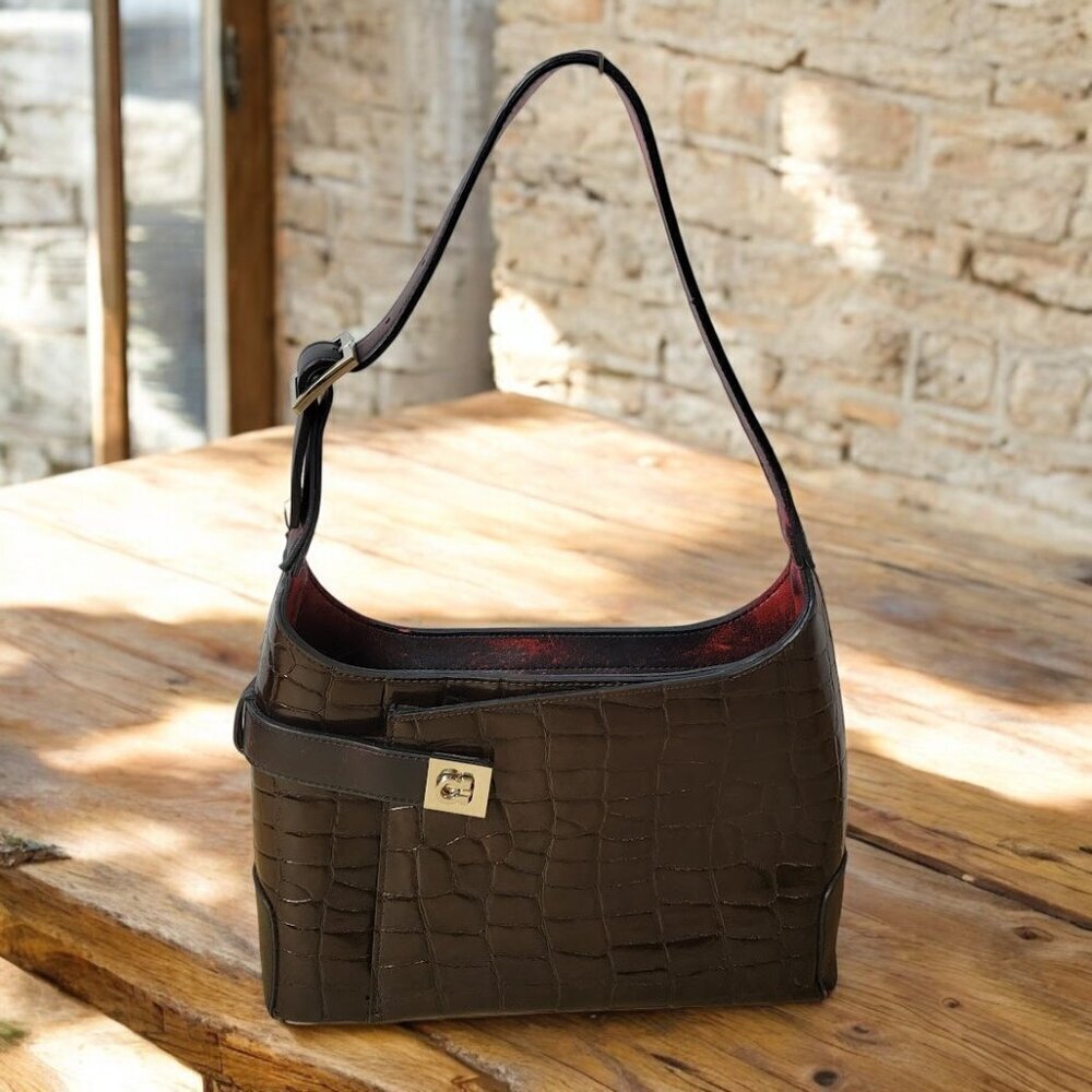 Edgy Faux Alligator Purse with Black/Red Details